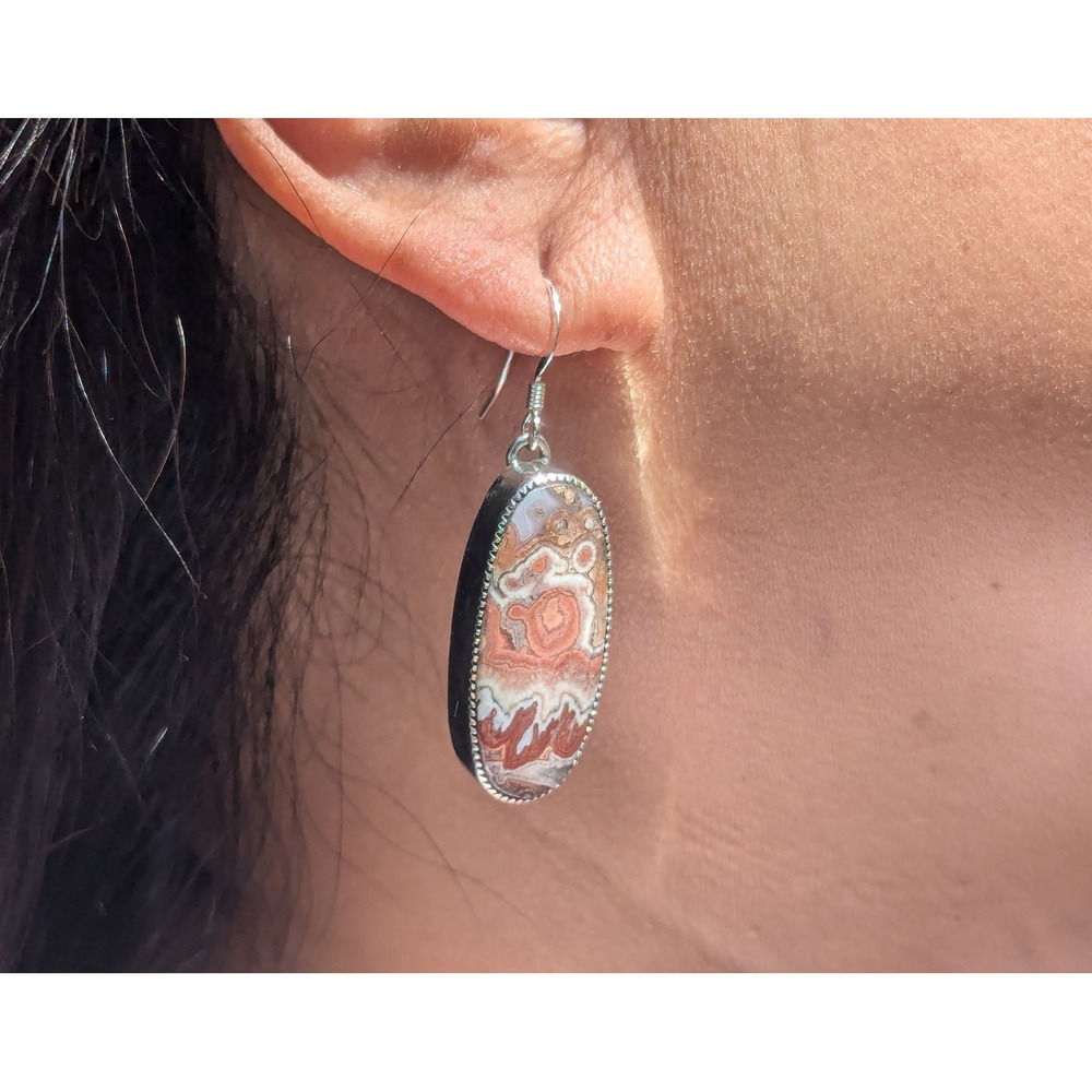 Genuine Navajo Handmade Earrings Native American Jewelry Silver w Lace Agate ***